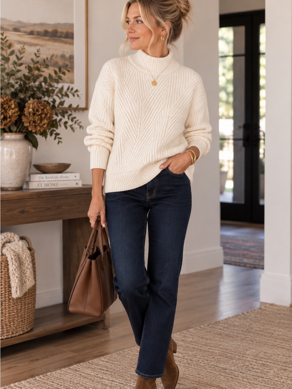 Market & Spruce Ivory Ribbed Mock Neck Chevron Knit Sweater Size M